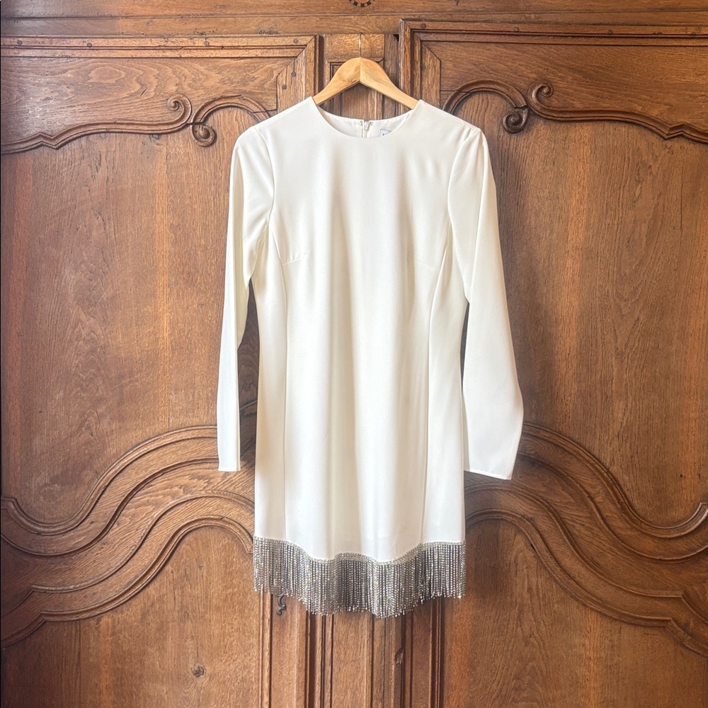 NWT Gianni Bini Sage Rhinestone Fringe Crew Neck Long Sleeve Crepe Dress - Picture 7 of 16